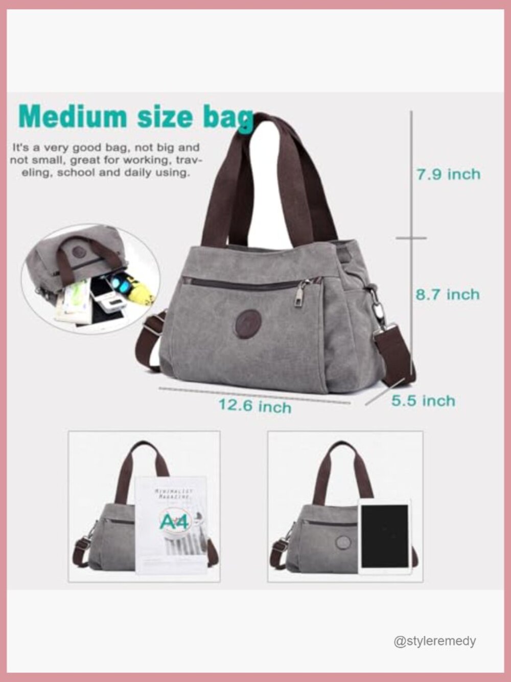 Canvas Hobo Bag Multi Compartment Crossbody Shoulder Tote Purse - Picture 6 of 7